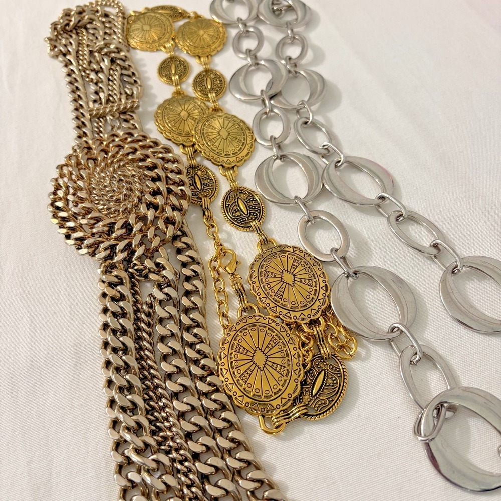 Three Metal Belts Gold/Brass/Silver Tone Adjustable